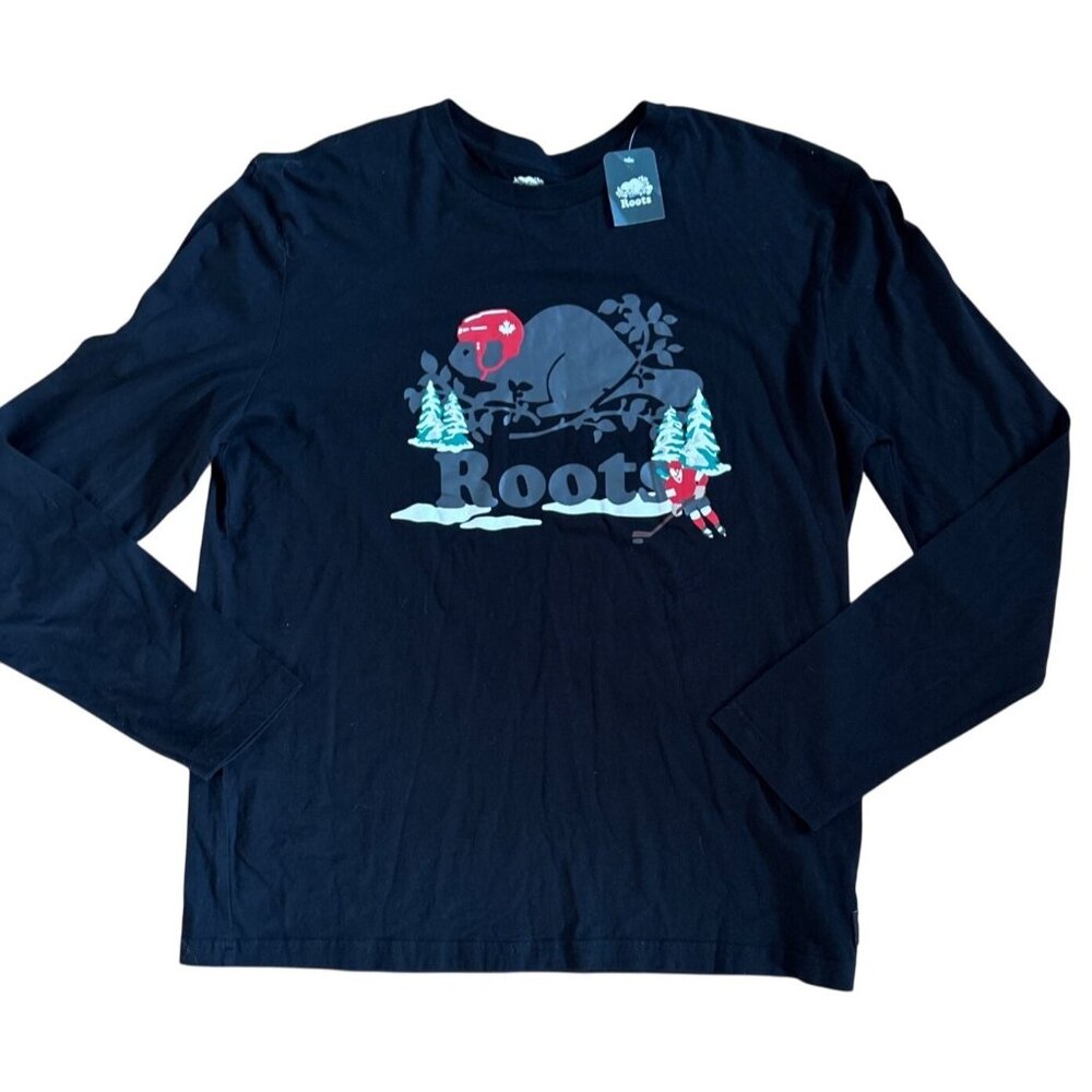 Roots Mens XL Black Beaver wearing Hocky Helmet Long-Sleeve T-Shirt 100% Cotton